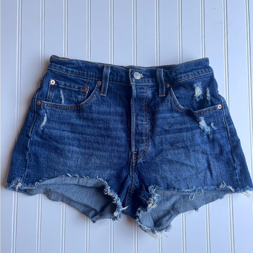 Levis 501 Original High Rise Distressed Denim Shorts Blue W28 Button Fly